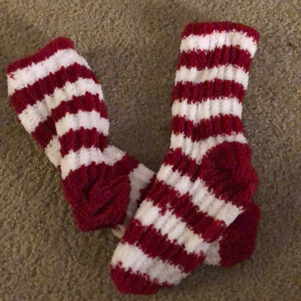 Red and white striped fuzzy socks